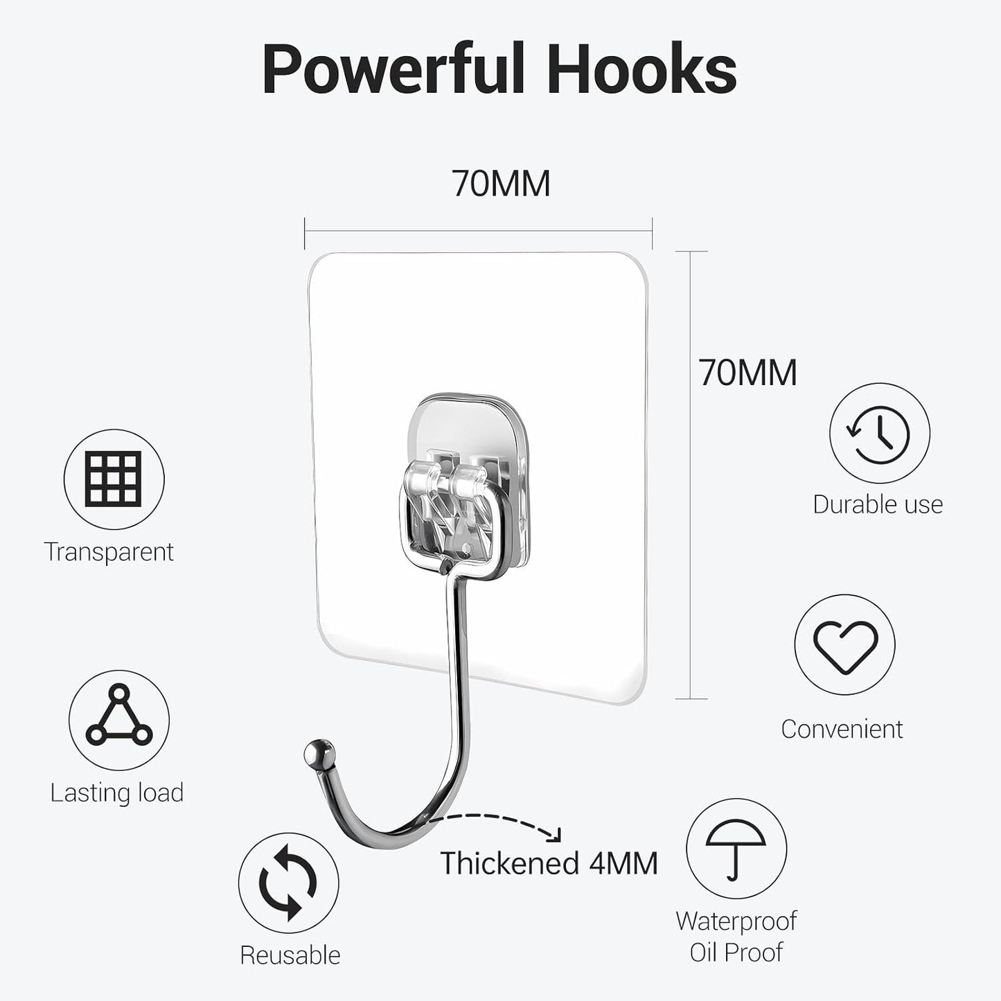 Large Adhesive Hooks, 18 Pack Hold 44lb(Max) Heavy-Duty Sticky Hooks,Waterproof & Rustproof Wall Hook for Hanging Can be Use Kitchen Bathroom Outdoor Ceiling Office, Transparent