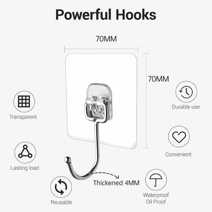 Large Adhesive Hooks, 18 Pack Hold 44lb(Max) Heavy-Duty Sticky Hooks,Waterproof & Rustproof Wall Hook for Hanging Can be Use Kitchen Bathroom Outdoor Ceiling Office, Transparent