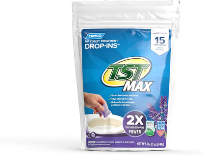 Camco TST MAX RV Toilet Treatment Drop-INs - Control Unwanted Odors and Break Down Waste and Tissue - Septic Tank Safe - Lavender Scent - 30-pack (41553)