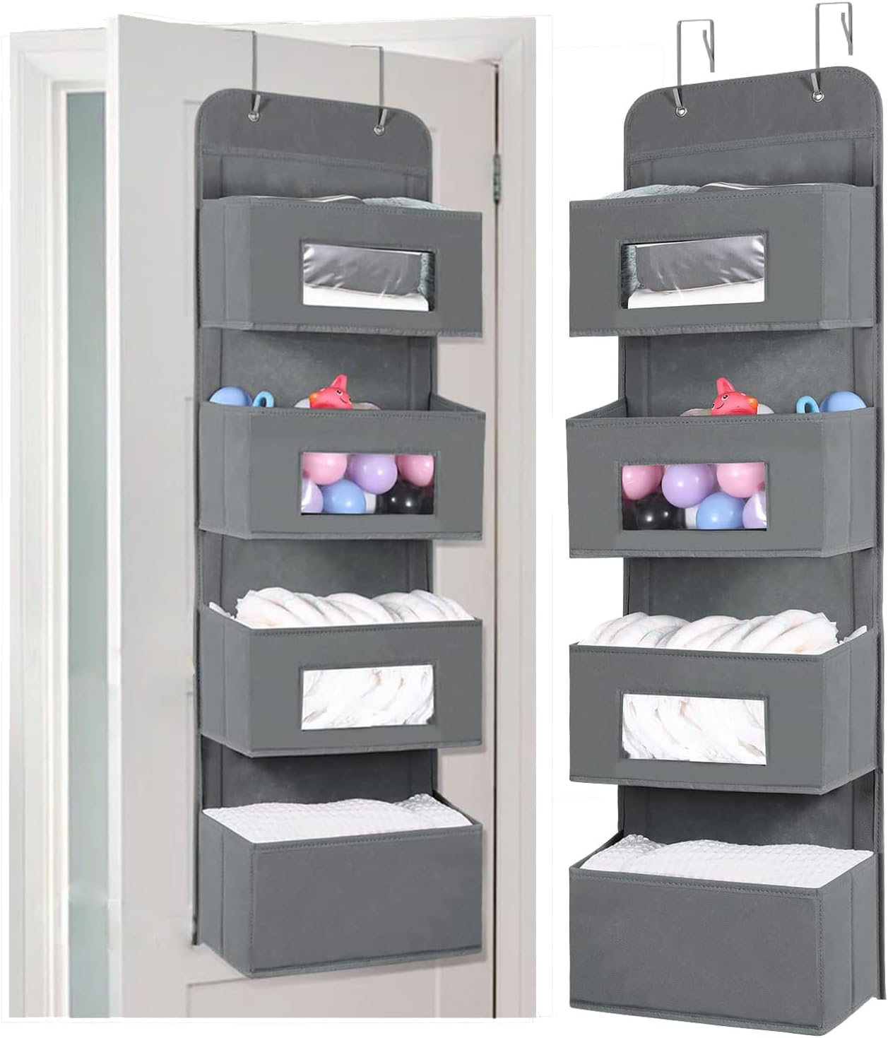 MAX Houser 4-Shelf Over The Door Hanging Organizer with 2 Metal Hooks, Gray | 4 Pocket Swing-proof Behind Door Organizers with Clear Windows for Bathroom Closet, Dorm
