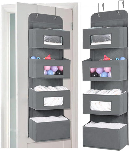 MAX Houser 4-Shelf Over The Door Hanging Organizer with 2 Metal Hooks, Gray | 4 Pocket Swing-proof Behind Door Organizers with Clear Windows for Bathroom Closet, Dorm