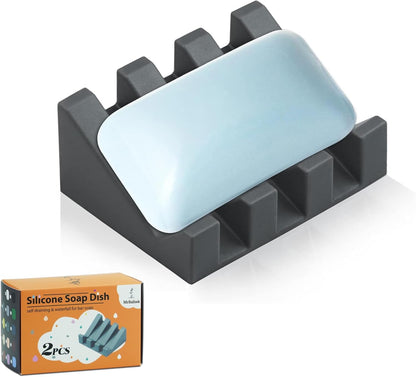 Self Draining Silicone Soap Dish Holder Waterfall Tray, 2 Pack Black | Waterfall design drains fast to keep soap dry, non-slip silicone base anti slide, soap saver for bathroom & kitchen