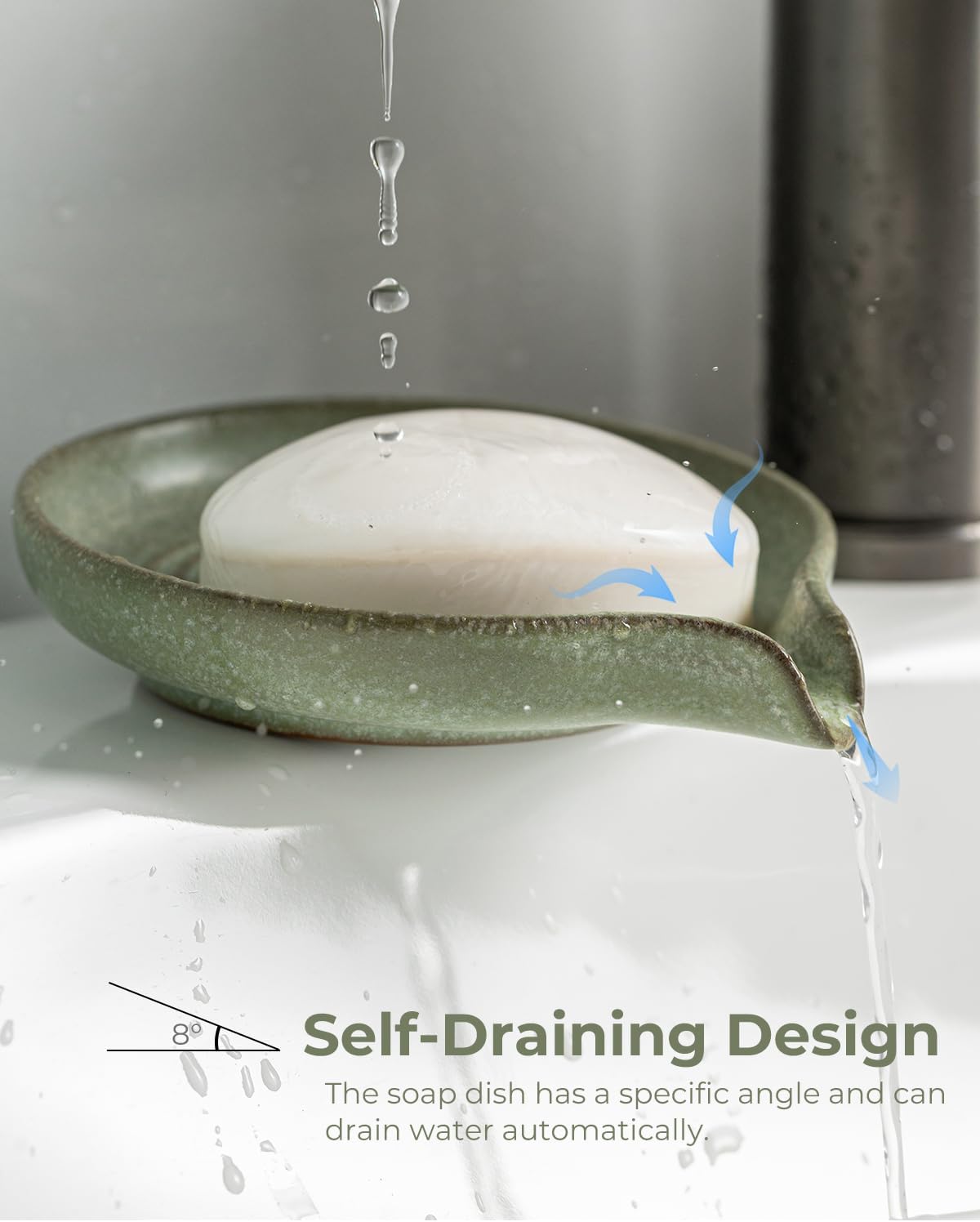 Self Draining Soap Dish, Ceramic Drain Soap Holder Waterfall Design Soap Saver for Shower, Bathroom, Sink, Kitchen and Countertop, Keeps Dry, Green