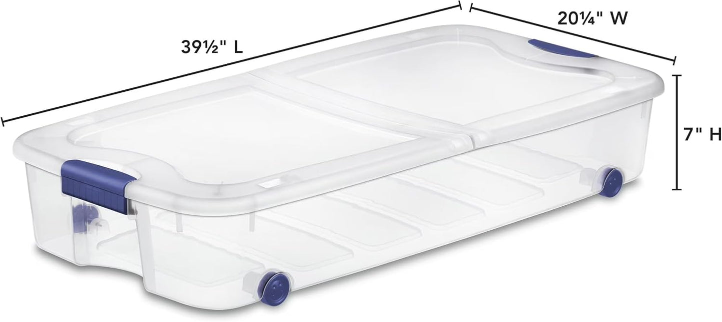 2 Pack 66 Quart Underbed Clear Storage Bins with Lid and Wheels | Wheeled Under Bed Storage Containers with Secure Latching Lid, Clear View Organizer for Clothes, Toys and Seasonal Bedding