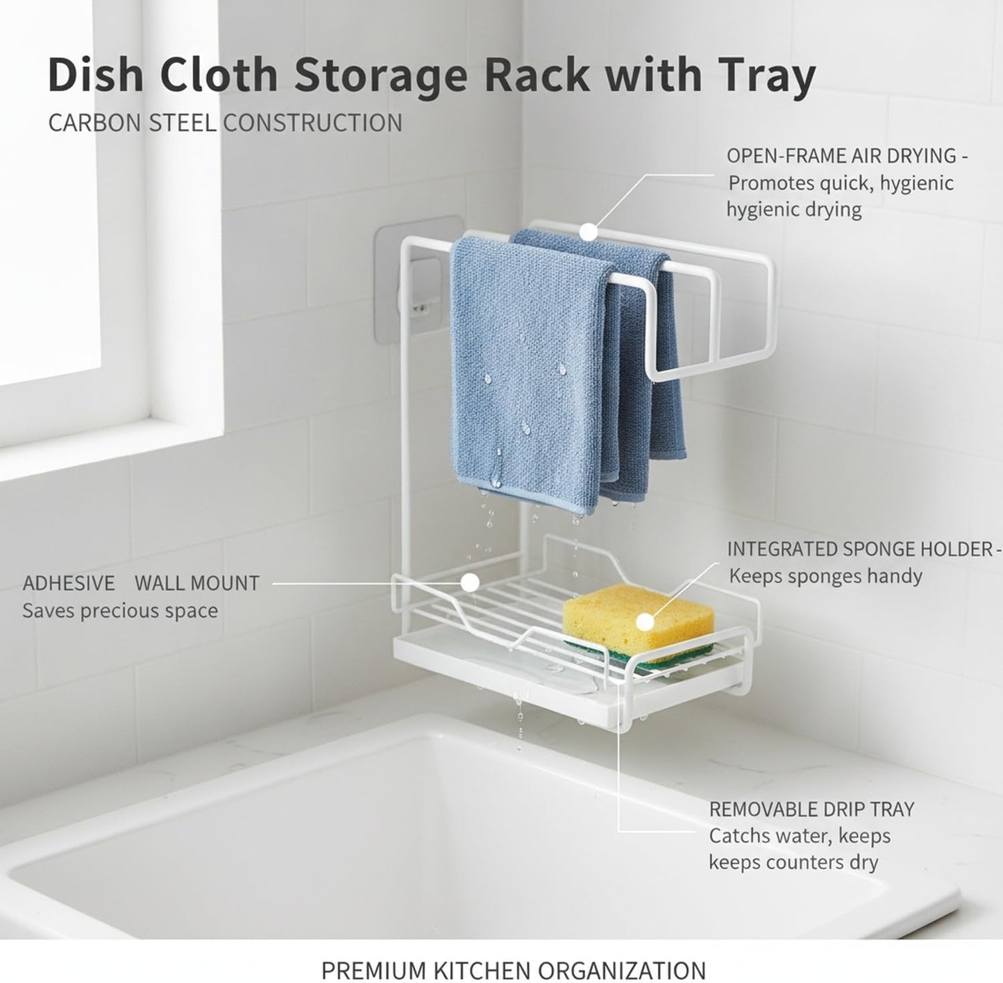 7.9 x 4.3 x 10.6 Inch Carbon Steel Dish Cloth Rack with Removable Drip Tray, Wall Mounted Sponge Organizer for Kitchen Sink
