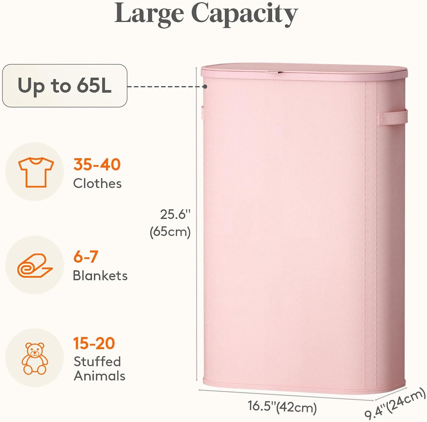 Lifewit Slim Laundry Basket with Lid, Narrow Laundry Hamper with Plastic Handles and Removable Bag, Tall Foldable Dirty Clothes Hampers for Laundry Room, Bedroom, Bathroom, Dorm, 65L Beige