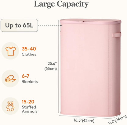 Lifewit Slim Laundry Basket with Lid, Narrow Laundry Hamper with Plastic Handles and Removable Bag, Tall Foldable Dirty Clothes Hampers for Laundry Room, Bedroom, Bathroom, Dorm, 65L Beige