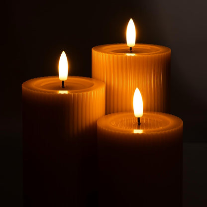 Fluted Ribbed LED Pillar Candles, Cream Beige, with Reflective Melted-Wax Effect – Flickering Flame, Remote, Dimmable, Flameless, Battery Operated, Home & Wedding Decor (Set of 3)