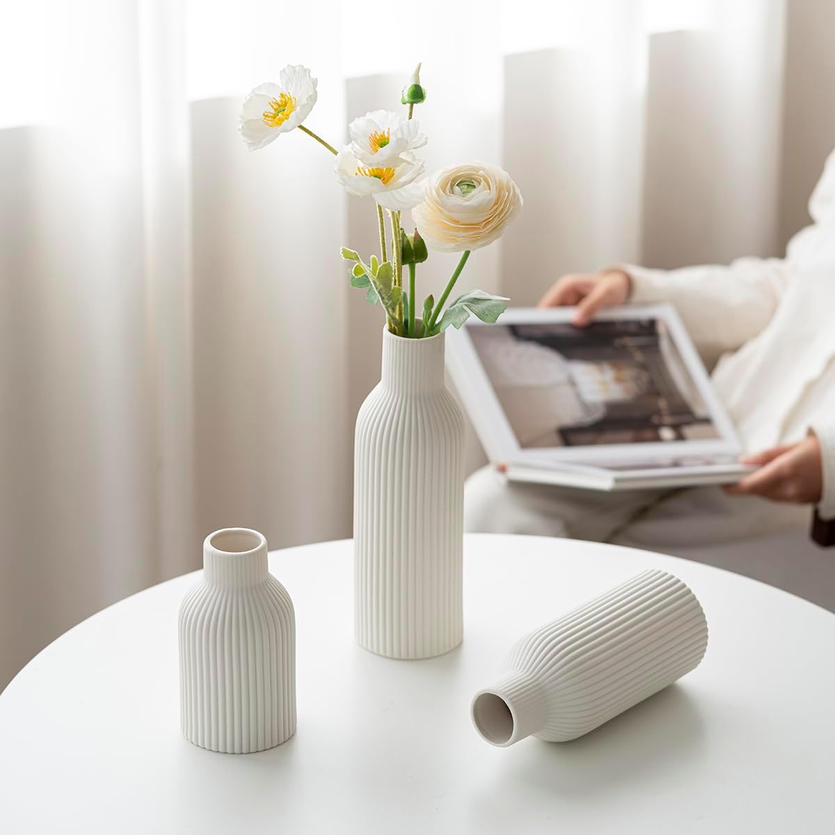 Modern Ceramic Vases Set of 3, Coffee Table Ribbed Decorative Vases, Shelf Table Centerpiece for Home Decor (Coffee Mix)
