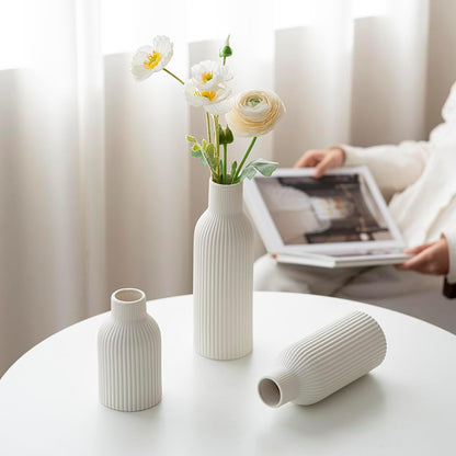 Modern Ceramic Vases Set of 3, Coffee Table Ribbed Decorative Vases, Shelf Table Centerpiece for Home Decor (Coffee Mix)