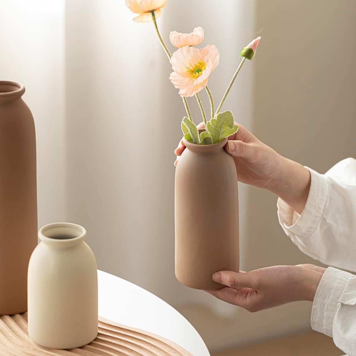 Ceramic Vase Set-3, Small Flower Vases for Decor, Modern Boho Farmhouse Style, Decorative Vases for Pampas Grass & Dried Flowers, Distressed Finish (Beige)
