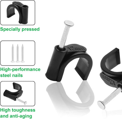 Flat Ethernet Cable Wire Clips with Nail, 14mm, White | Single Coaxial Cable Clamps, Cable Management