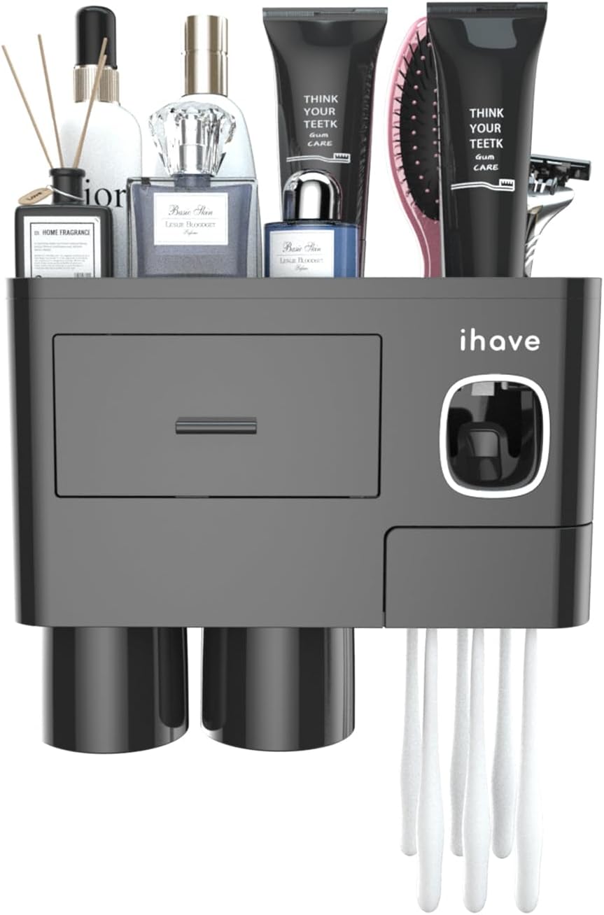 iHave Toothbrush Holders for Bathrooms, 2 Cups Toothbrush Holder Wall Mounted with Toothpaste Dispenser - Large Capacity Tray, Cosmetic Drawer - Tooth Brushing Holder & Bathroom Accessories