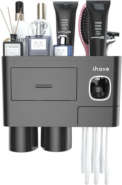 iHave Toothbrush Holders for Bathrooms, 2 Cups Toothbrush Holder Wall Mounted with Toothpaste Dispenser - Large Capacity Tray, Cosmetic Drawer - Tooth Brushing Holder & Bathroom Accessories