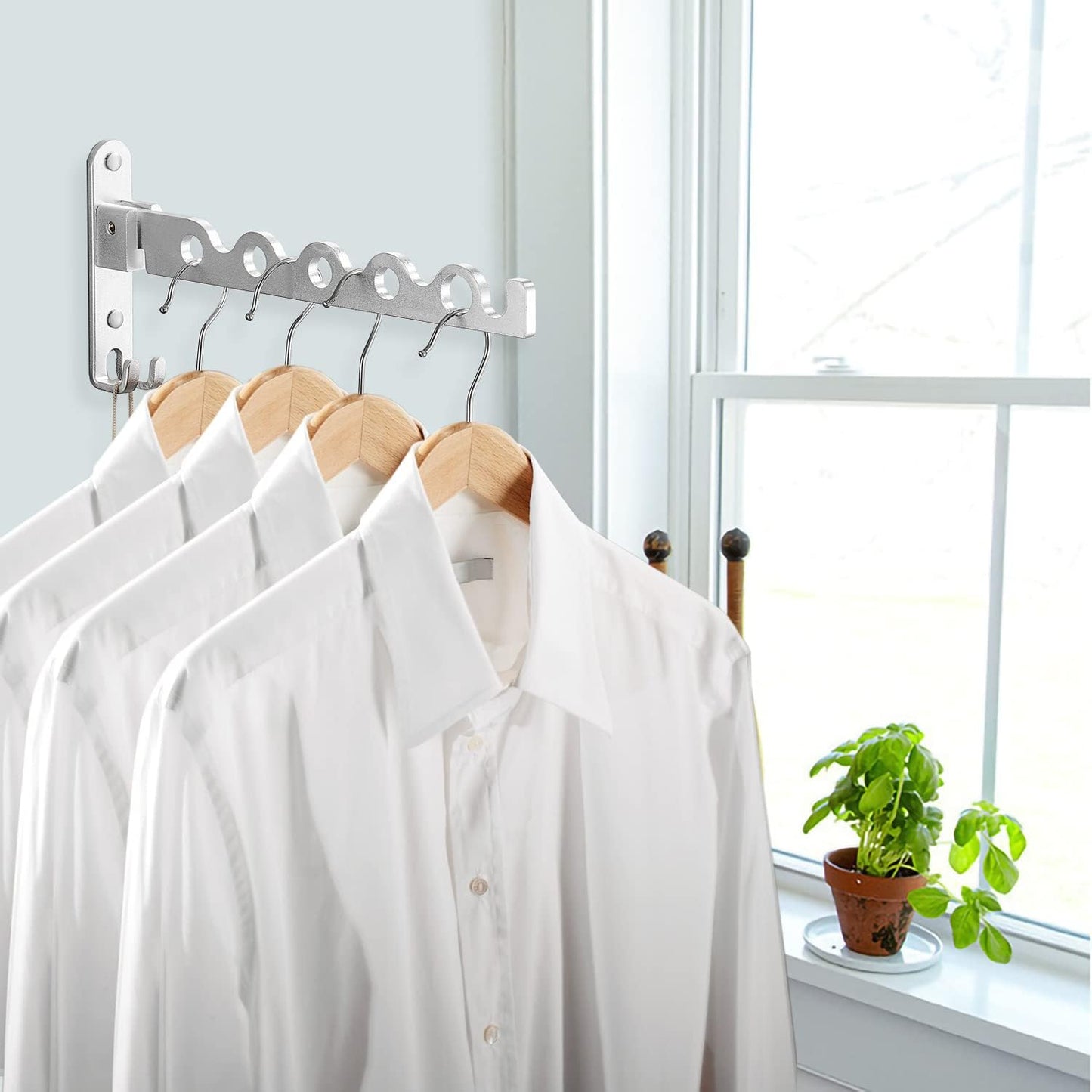 Clothes Drying Rack Wall Mounted Drying Racks for Laundry Room Organization and Storage Clothes Rack，Aluminum Dryer Rack with Two Drying Rods for Hanging Wet and Dry Clothes