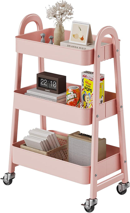 DUMOS 3 Tiers Rolling Cart, Utility Cart, Metal, White | Mobile Storage, Lockable Wheels, Utility Shelving Unit, Kitchen, Bathroom, Laundry, Narrow Places