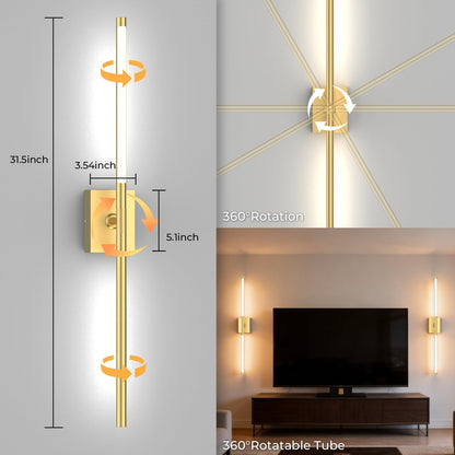 Battery Operated Wall Sconce Set of Two - 10000mAh Cordless Rechargeable Wall Sconces with Remote & Touch Control, 360°Rotate, 4CCT Dimmable Gold Wall Lights for Bedroom Living Room, 31.5 inch