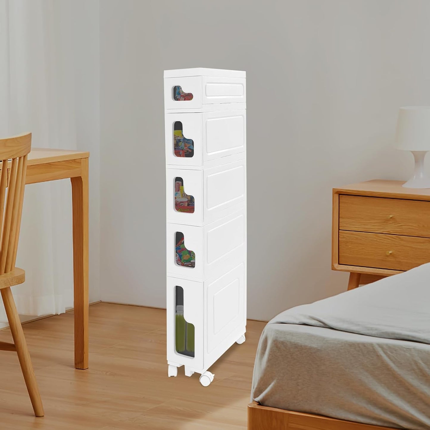 Narrow Bathroom Storage Cabinet with Drawers, 5.5" Slim Floor Standing Rolling Cart on Lockable Wheels, PP Unit with Toilet Paper Holder for Small Space, Kitchen, Laundry Room (3 Tier)