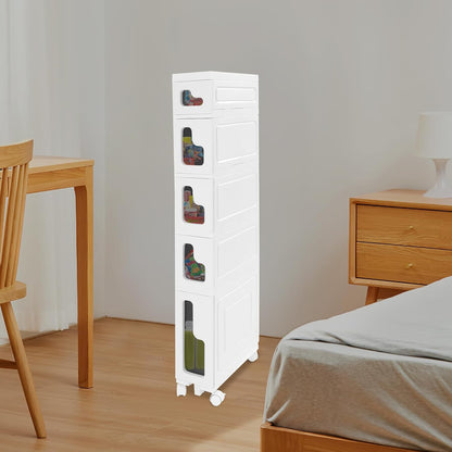 Narrow Bathroom Storage Cabinet with Drawers, 5.5" Slim Floor Standing Rolling Cart on Lockable Wheels, PP Unit with Toilet Paper Holder for Small Space, Kitchen, Laundry Room (3 Tier)