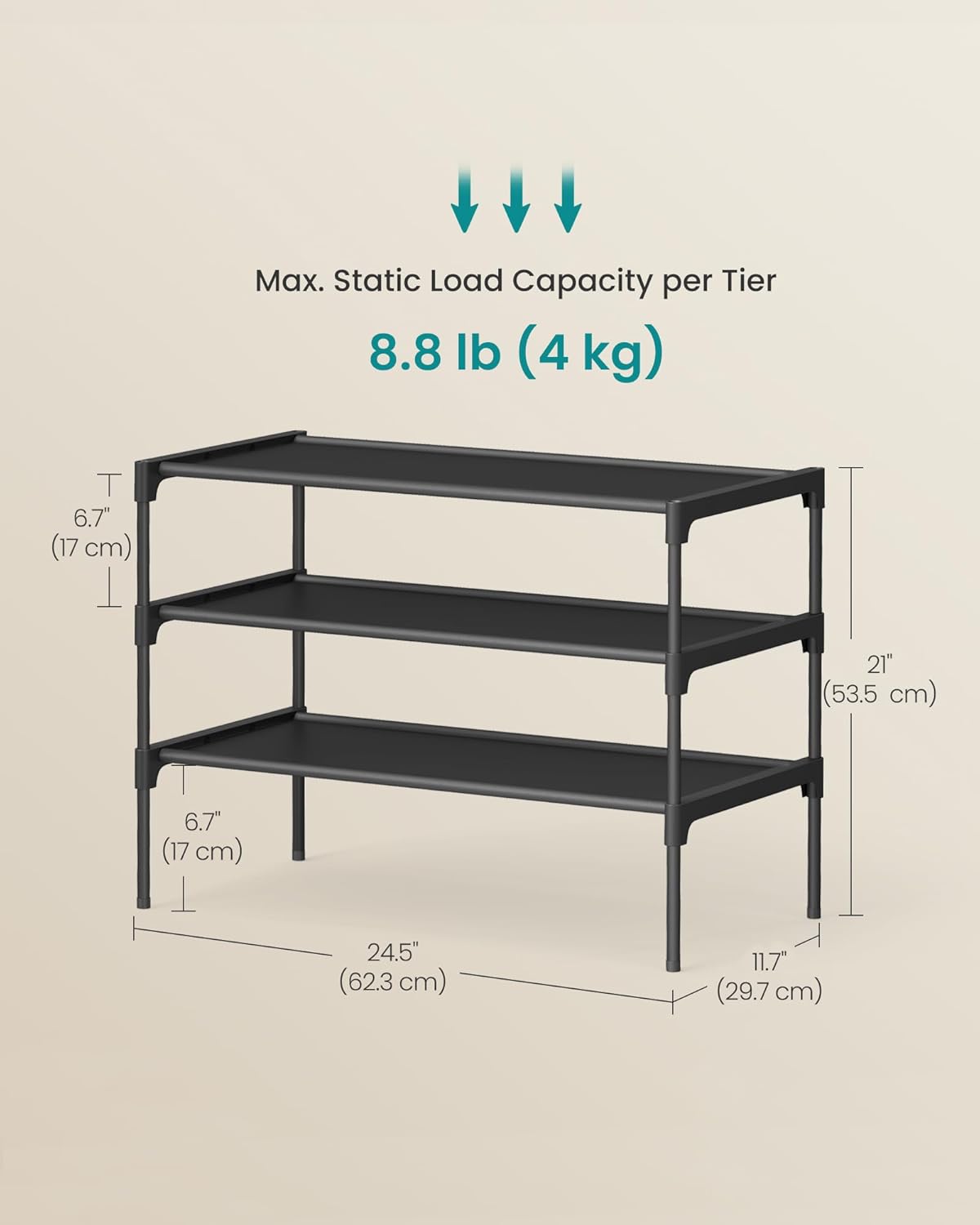 SONGMICS Shoe Rack, 2-Tier Shoe Storage Organizer, Space-Saving, 11.7 x 16.5 x 12.2 Inches, Entryway, Metal Frame, Non-Woven Fabric Shelves, Ink Black ULSH012BH01