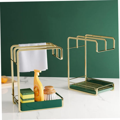 Cabilock Kitchen Wall Mounted Iron Draining Rack with Triple Rods for Dish Cloth and Sponge Storage Space Saving Tableware Drying Organizer in Gold Practical Kitchen Cleaning Tool Holder