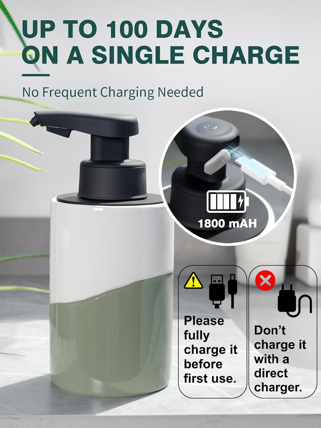BosilunLife Automatic Soap Dispenser Ceramic Hand Free Soap Dispenser with Waterproof Pump Rechargeable Smart Electric Lotion Soap Dispenser Touchless (White-Green, Foam Pump)