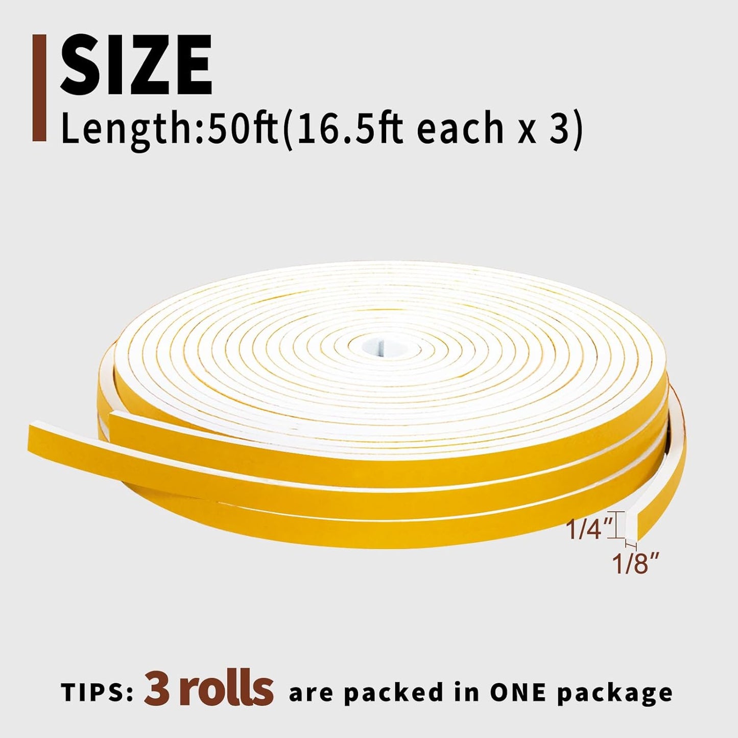 Yotache Weather Stripping Door Seal Strip White 3/8" x1/8", 50Ft Total, Foam Insulation Tape Gasket for Door Frame and Windows, 3 Rolls x 16.5Ft