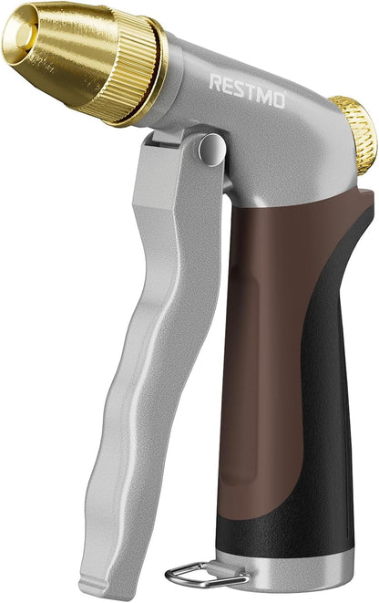 RESTMO Metal Water Hose Nozzle, Heavy Duty Garden Hose Sprayer for Outdoor | Adjustable Brass Spray Head, 4 Watering Patterns, Jet | Mist | Cone | Full, Leak-proof, Ideal for Lawn & Plant & Car, Green