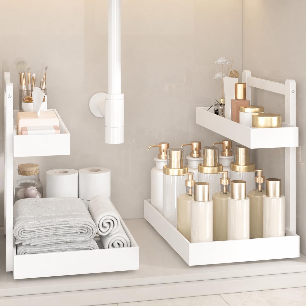 Under Sink Organizer - 2-Tier Pull Out Cabinet Organizer Vertical Slide Out Sink Shelf Storage Shelves for Multi-Purpose Bath Kitchen Bathroom Medicine (Nature, 2 Packs)