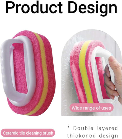 Ergonomic Long Handle Sponge Brush Set Durable Scouring 3 Pack Pad Shower Scrubber for Bathroom Bathtub Tile Grout Kitchen Sink Pot Cleaning Tool Non Scratch Heavy Duty Wand (Hot Pink)