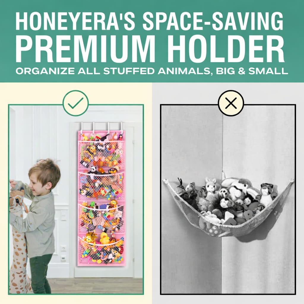 Honeyera The Original Stuffed Animal Storage (Patented) - Over Door Organizer for Stuffies, Baby Ideas Holder, Toy Plush Hammock Hanging Net Big Girls Toddler Large Bag Animals Stuffy Behind