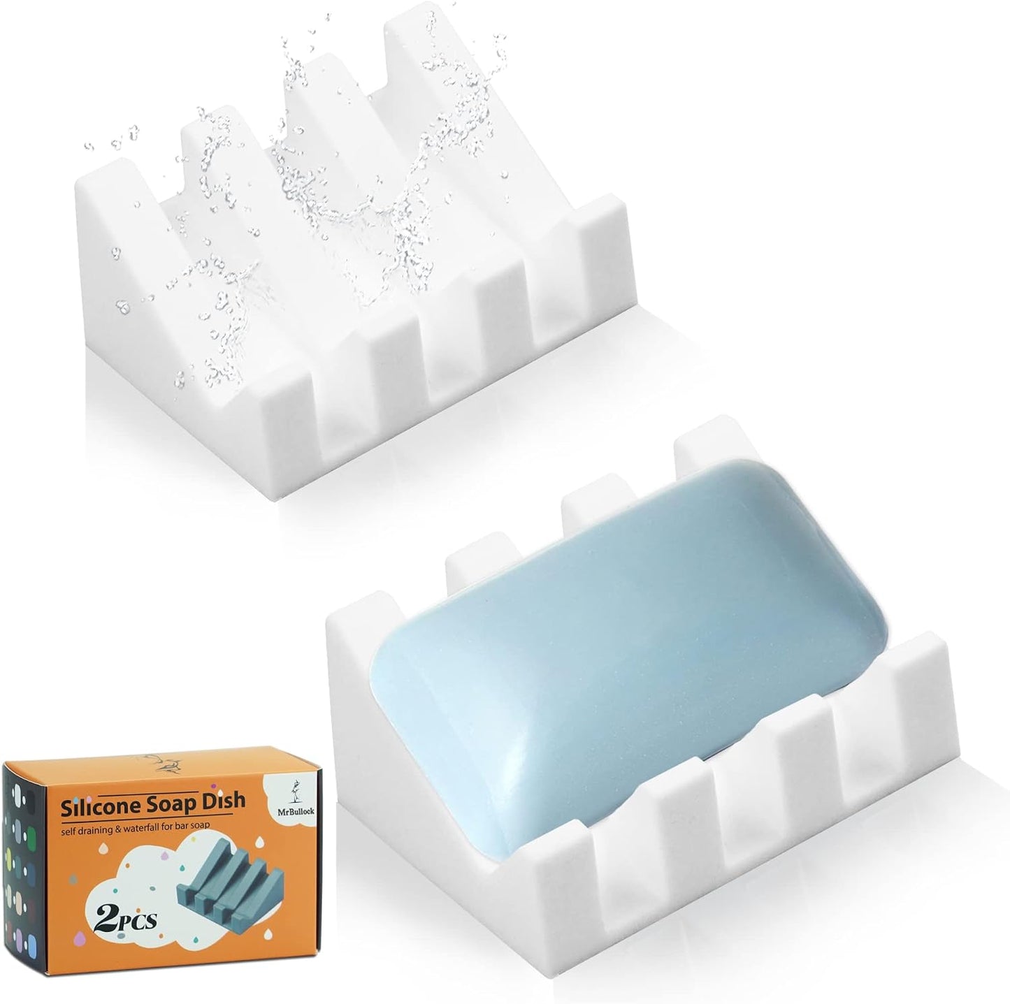 Self Draining Silicone Soap Dish Holder Waterfall Tray, 2 Pack White | Waterfall design drains fast to keep soap dry, non-slip silicone base anti slide, soap saver for bathroom & kitchen