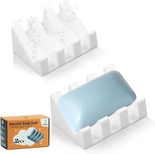 Self Draining Silicone Soap Dish Holder Waterfall Tray, 2 Pack White | Waterfall design drains fast to keep soap dry, non-slip silicone base anti slide, soap saver for bathroom & kitchen