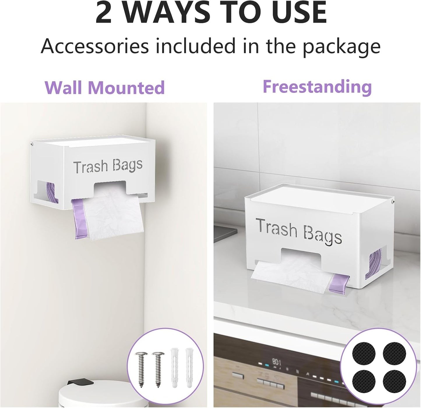 STWWO Large Trash Bag Holder Dispenser, Metal Garbage Bag Dispenser Roll Holder, Kitchen Trash Storage Organizer for Under Sink, Wall Mounted or Freestanding, Black