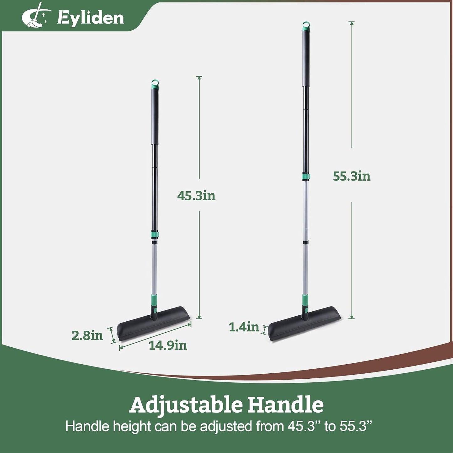 Eyliden Floor Scrub Brush, 15-inch Wide, 55" Long Handle Deck Brush | 2-in-1 Stiff Bristles and Rubber Squeegee, 45° Angle Head, Telescoping Handle, for Bathroom Shower Kitchen Patio Garage