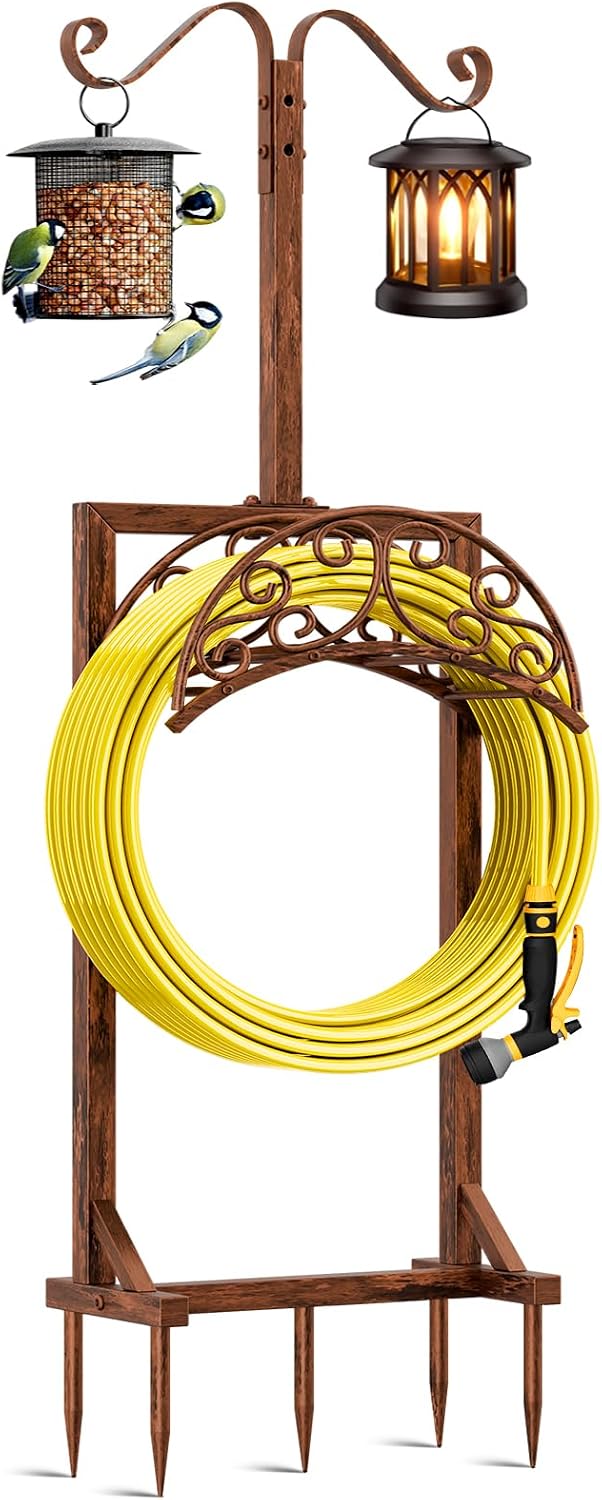 Garden Hose Holder for Outside - Upgraded Water Hose Holders with 5 Spikes & 2 Shepherds Hooks, Freestanding Hose Stand Heavy Duty Hose Hanger Hose Storage Hose Reel Rack for Outside Yard Lawn