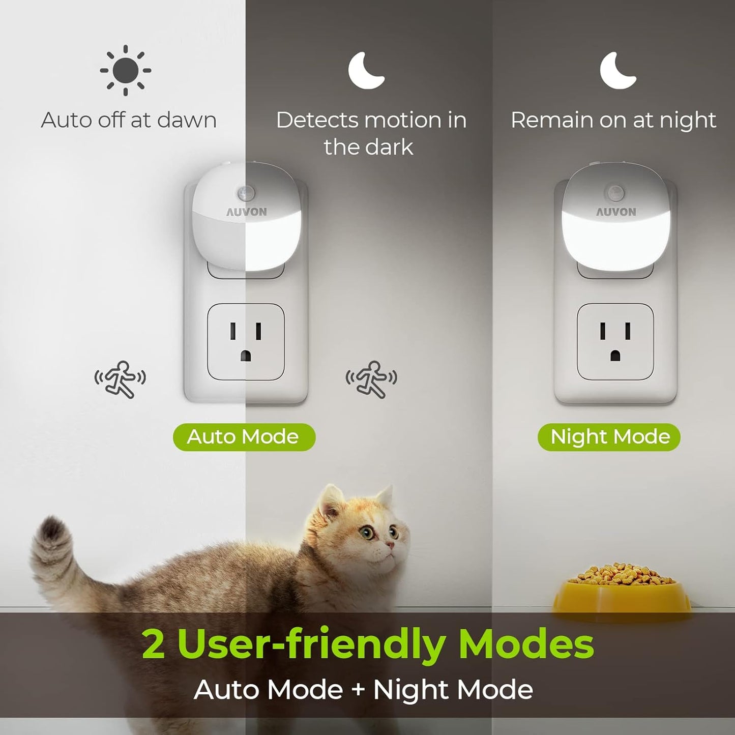 AUVON Plug in Night Light with Motion Sensor and Dusk to Dawn Sensor, Mini Warm White LED Nightlight with 1-50 lm Adjustable Brightness for Bathroom, Hallway, Stairs, Bedroom, Kitchen, 4 Packs