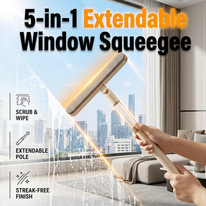 5-in-1 Double-Sided Window Screen Cleaning Brush & Extendable Squeegee for Window Cleaning with Handle, All-in-One Window Cleaning Kit for Home & Auto Glass, Car Window Cleaner Tool (Khaki-1pc)