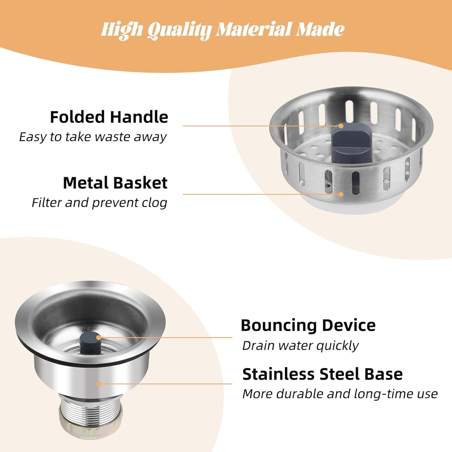 All Metal Sink Drain Strainer for Kitchen Sink, Universal Fit | Pop Up 3-in-1 Sink Stopper Drainer, 304 Stainless Steel Basket for US Standard 3-1/2 inch Drain Filter, Anti-clog