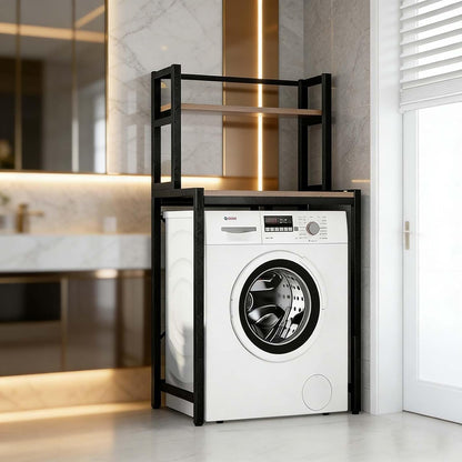 Over The Washer Storage Shelf, Space-Saving Laundry Organizer, Sturdy Metal Frame with Natural Wood Shelves, No Drilling, Ideal for Laundry Room, Balcony, Bathroom(White,Two Layers)