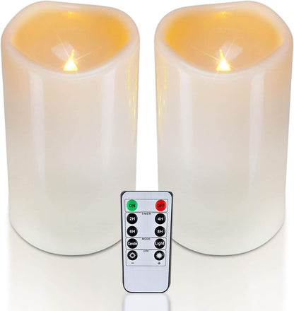 Homemory 6" 8" 10" x 4" Waterproof Outdoor Flameless Candles, Battery Operated Flickering LED Pillar Candles with Remote and Timers for Indoor, Plastic, Ivory White
