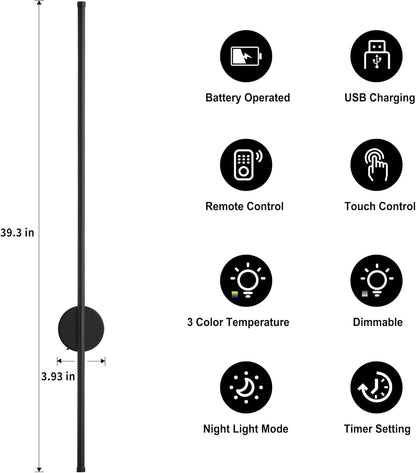 Battery Operated Modern Wall Sconces, Dimmable Wireless Wall Light Set of Two with Remote Control, 3 Color Temperatures, Rechargeable LED Wall Sconce for Bedroom, Living Room, Hallway, 23.6 Inch Brass