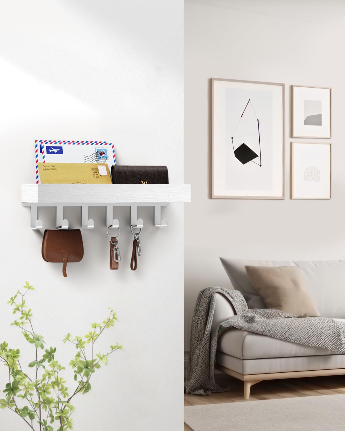 Key Holder Wall Mount Adhesive Magnetic - Hanging Key Hooks with Mail Organizer for Wallet House Accessories - Keys Hanger Rack with Shelf for RV Camper Entryway Door Home Living Room Decor Black