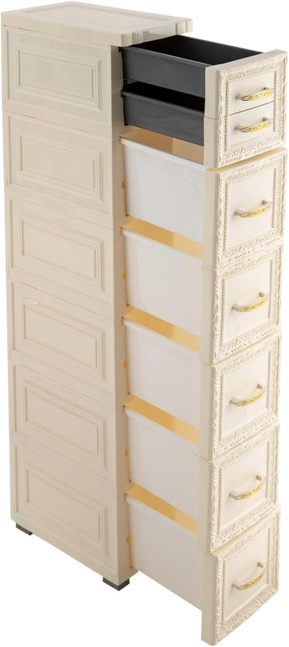 8 Drawers Narrow Storage Cabinet with Wheels,Slim Floor Cabinets,Rolling Organizer Cart for Small Spaces,Pink