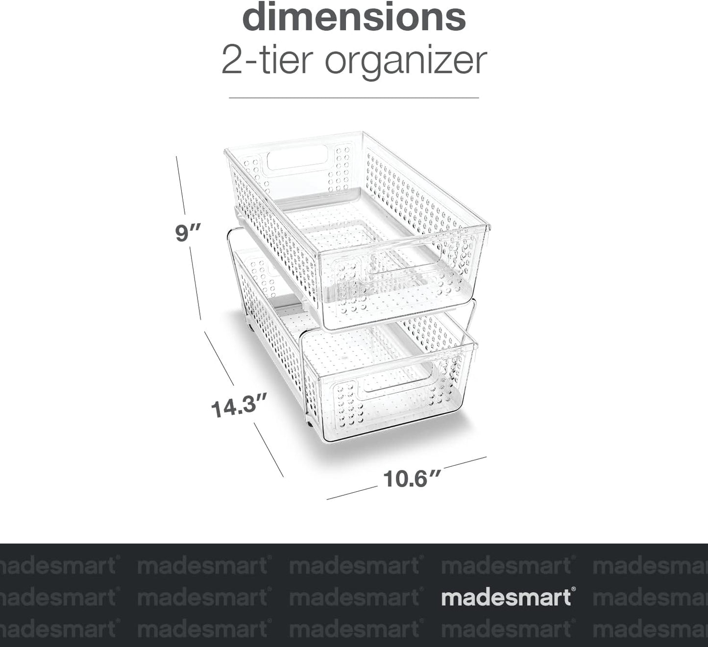 madesmart 2 Tier Organizer, Under Cabinet Storage with Pull Out Sliding Drawers, for Cleaning Supplies, Undersink Storage, Sponges, Bottles & Bath, Adjustable Dividers & Pull Out Baskets, Clear