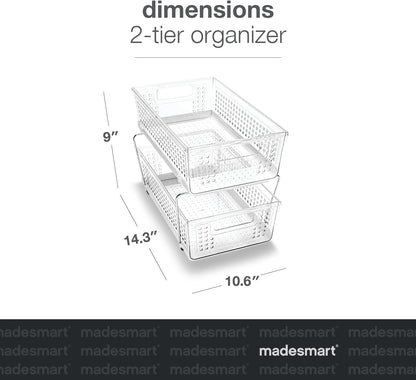 madesmart 2 Tier Organizer, Under Cabinet Storage with Pull Out Sliding Drawers, for Cleaning Supplies, Undersink Storage, Sponges, Bottles & Bath, Adjustable Dividers & Pull Out Baskets, Clear