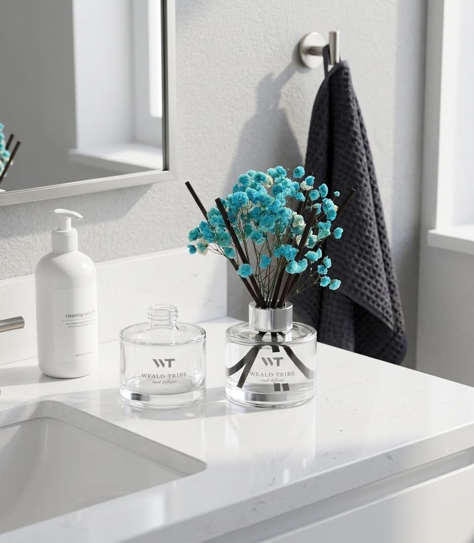 Flower Reed Diffuser Set Wild Eucalyptus Mint Scent for Bathroom Accessories Shelf Decor & Air Fresheners, Sticks Defusers with 5.1 fl oz Essential Oils & Leaves, House Bedroom Office Decor & Gifts
