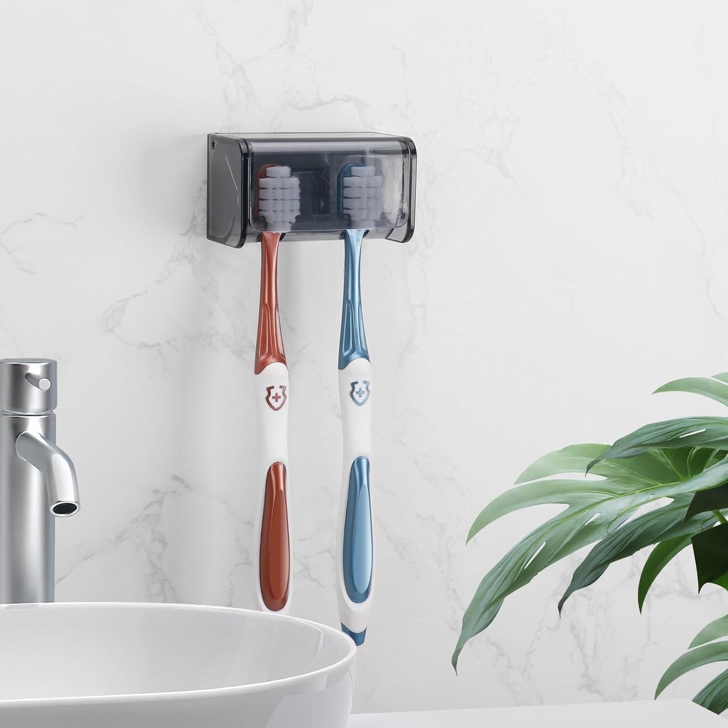 PARKMANI 2 PCS Toothbrush Holders Wall Mounted with Cover, Electric Tooth Brushing Holder for Bathroom, 2 Slots Self Adhesive Toothbrush Organizer for Family, Kids (2, Brushed Silver)
