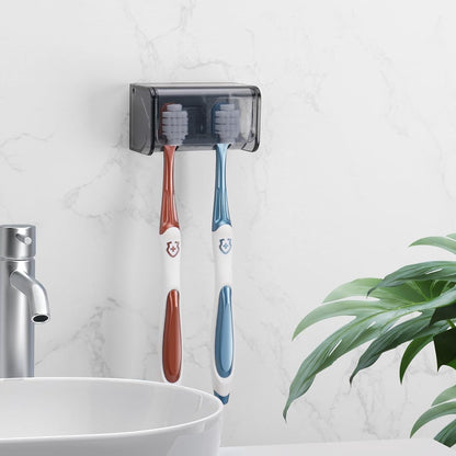 PARKMANI 2 PCS Toothbrush Holders Wall Mounted with Cover, Electric Tooth Brushing Holder for Bathroom, 2 Slots Self Adhesive Toothbrush Organizer for Family, Kids (2, Brushed Silver)