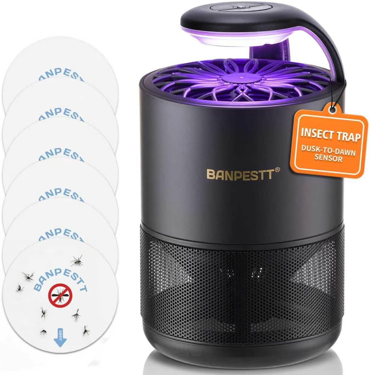 BANPESTT Automatic Insect Trap: Dusk-to-Dawn Sensor & Powerful Suction Quiet, Non-Zapper for Fruit Flies, Gnats, Mosquitoes | Includes 6 Glue Boards & UV Light (Black)